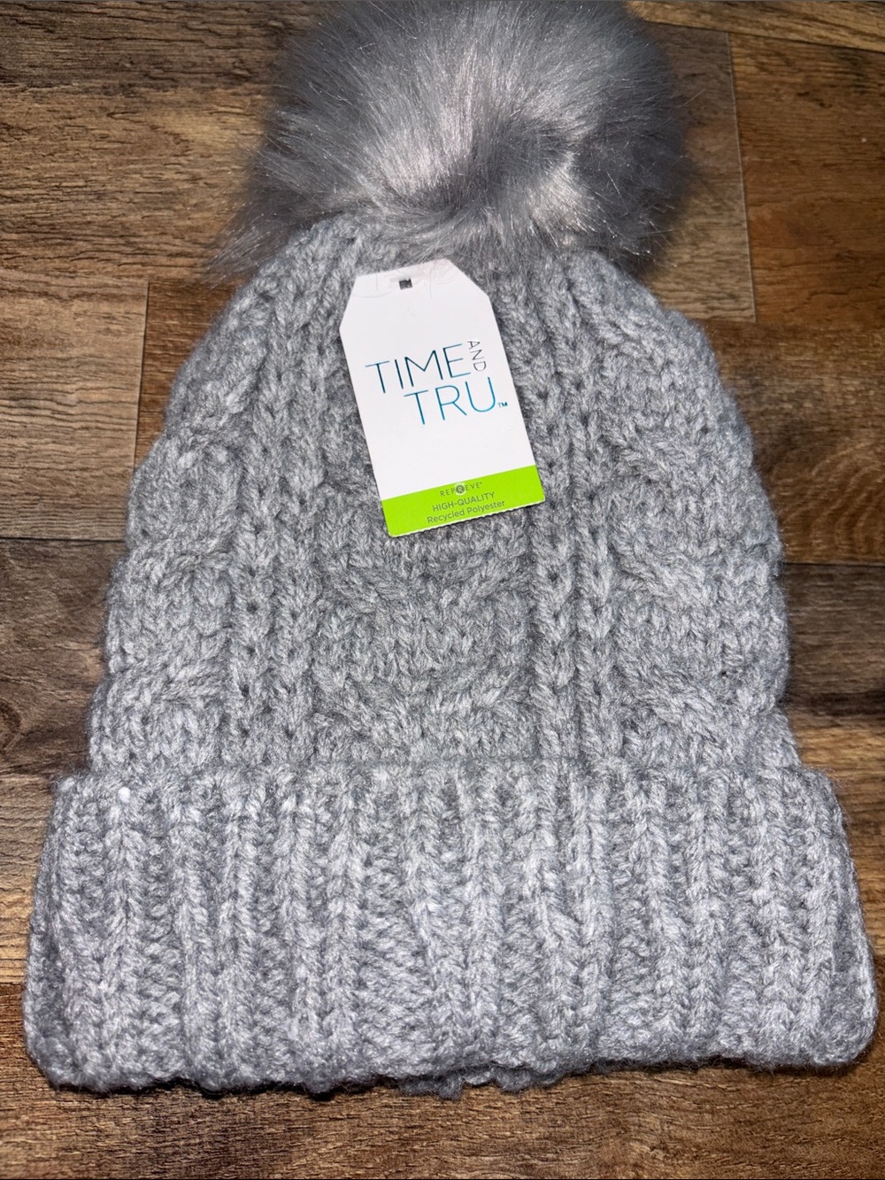 Time and Tru Gray Cable Knit Beanie with Faux Fur Pom